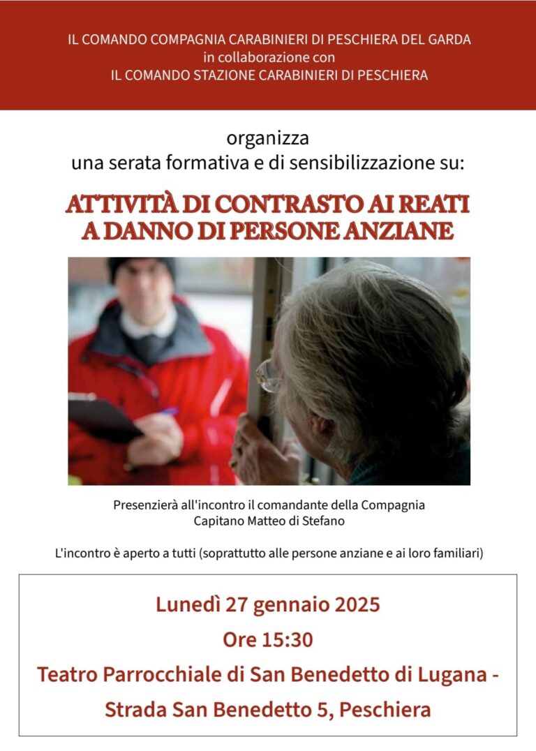 Scopri di più sull'articolo 27 Gennaio 2025 – Presso il teatro della parrocchia di San Benedetto incontro con il comandante dei carabinieri signor Matteo Di Stefano sulle tematiche inerenti alle truffe domestiche. In quell’occasione siamo intervenuti presentando la nostra associazione