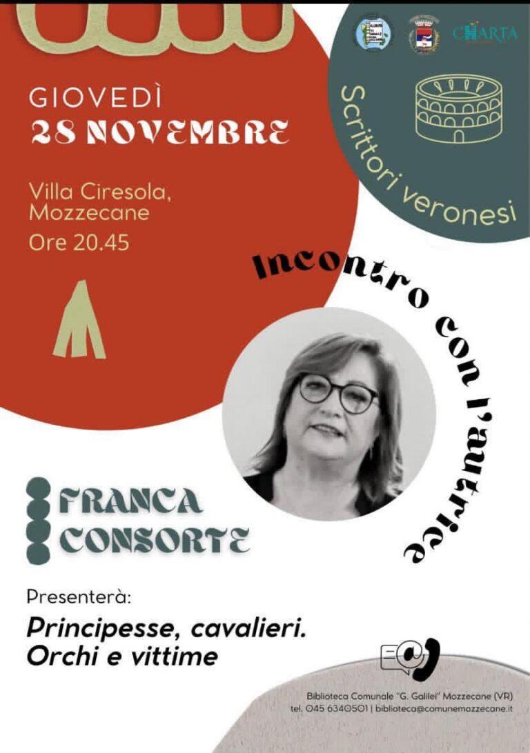 Scopri di più sull'articolo 28 Novembre 2024 – incontro con la psicologa e scrittrice Franca Consorte a Mozzecane per la presentazione del libro sui femminicidi