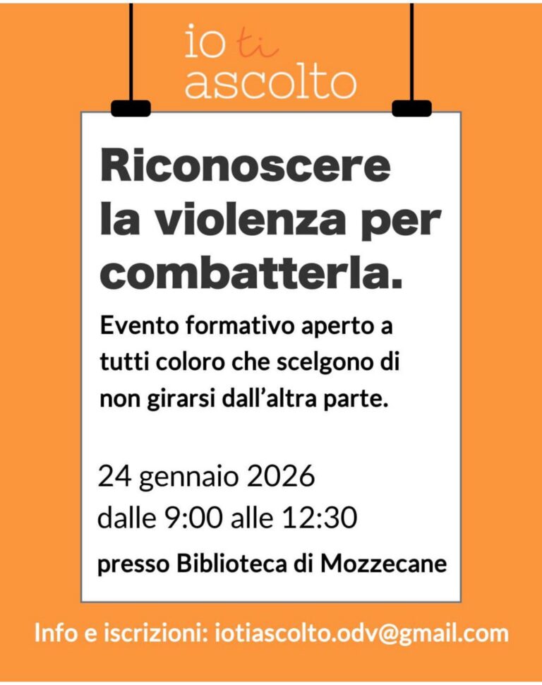 Scopri di più sull'articolo 24 Gennaio 2026 – Corso di aggiornamento “riconoscere la violenza per combatterla” presso biblioteca di Mozzecane. Organizzata da IO TI ASCOLTO ODV in collaborazione con il professore criminologo Dott. Marco Manzani